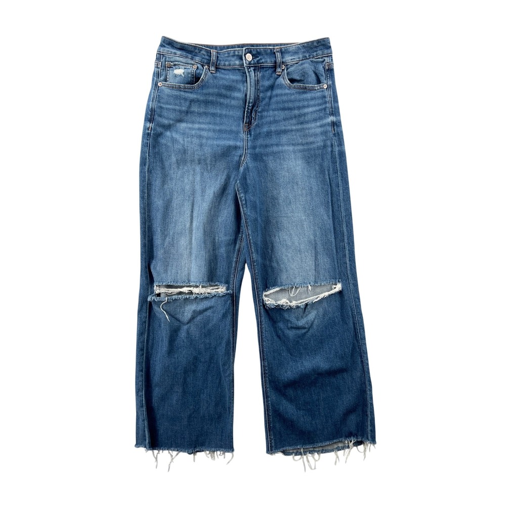American Eagle Super High-Rise Baggy Wide Leg Distressed Blue Jeans Womens 10 R